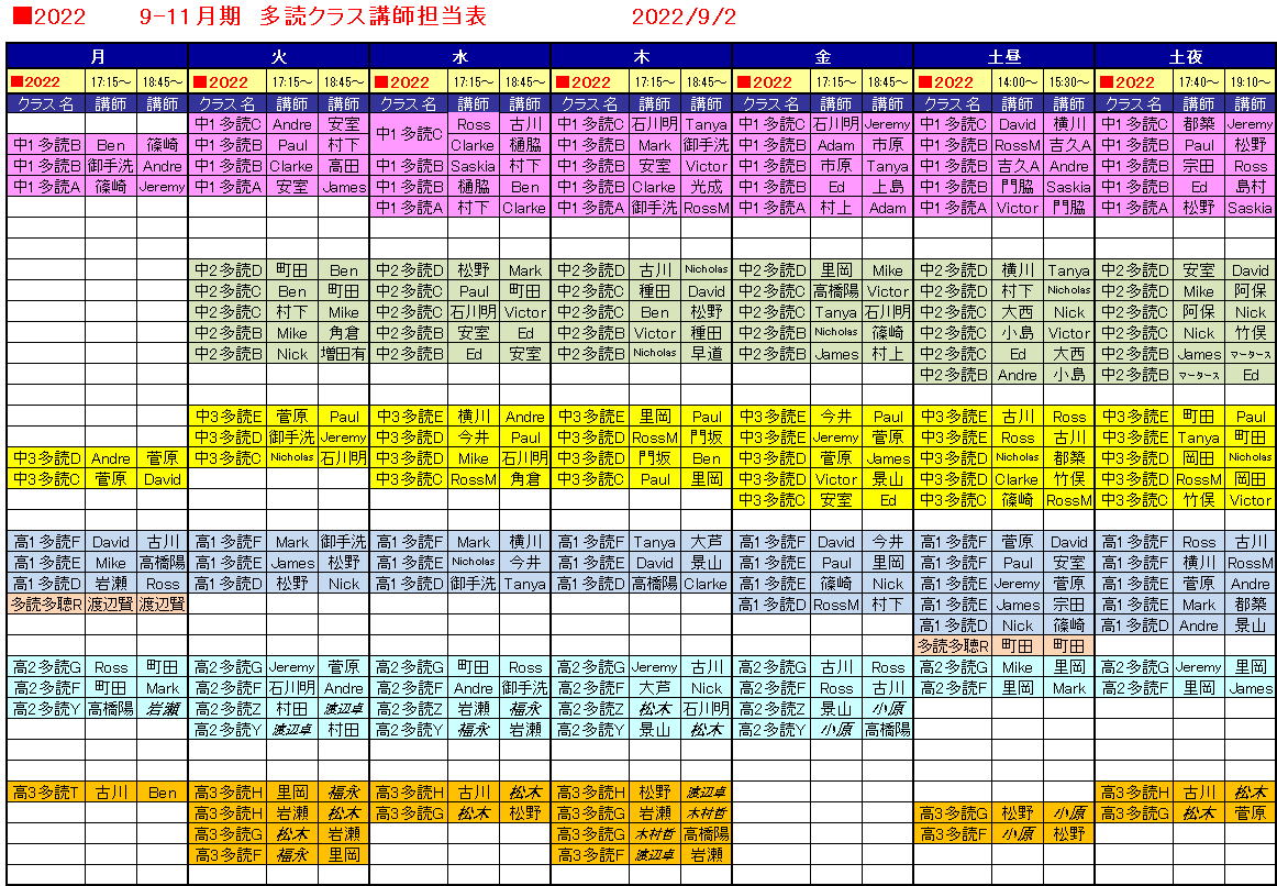 英語多読クラス 通常クラス開講曜日一覧